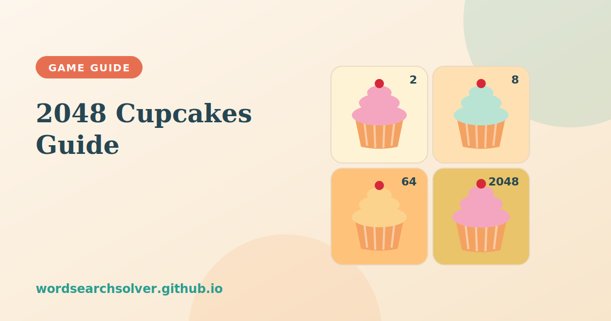 Four tiles of cupcakes numbered 2, 8, 64 and 2048 on a puzzle board, illustrating the 2048 Cupcakes game guide
