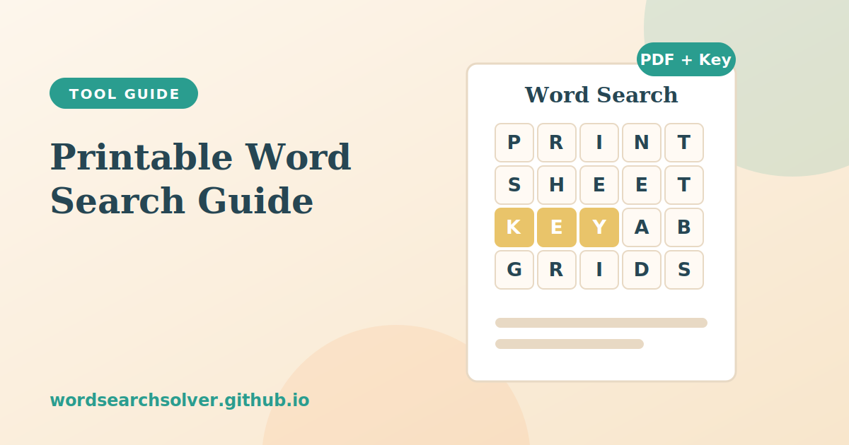 Printable word search worksheet with a highlighted answer row and a PDF plus key badge, illustrating the printable word search guide