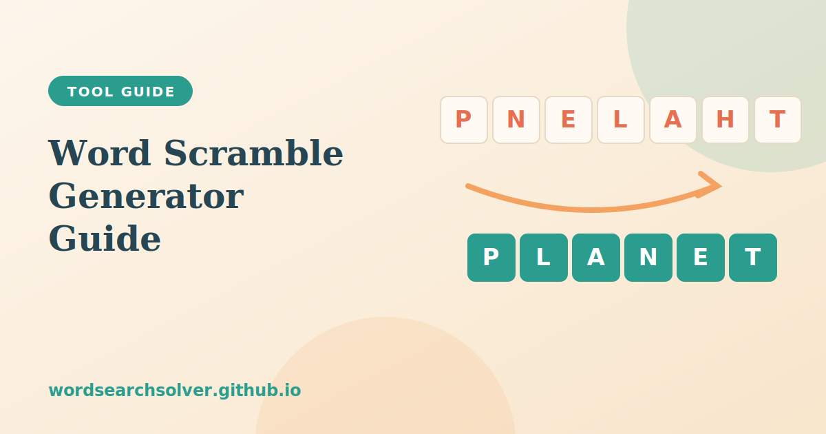 Scrambled letter tiles being rearranged into the word PLANET, illustrating the Word Scramble Generator guide